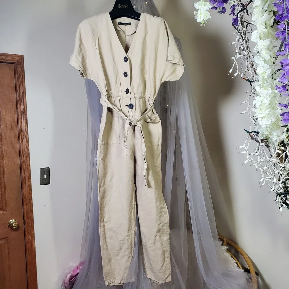 Zara Basic Linen Cotton Blend Jumpsuit Romper‎ Safari Belted Beige Pant Suit XS
